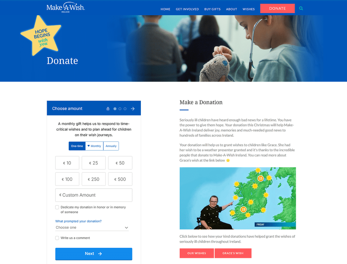 página de doações da make a wish irlanda