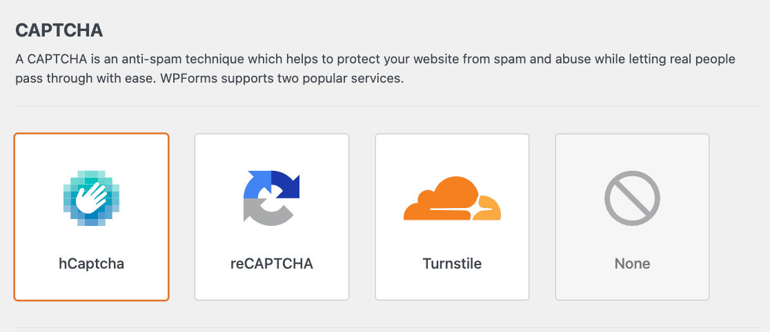 Seleção de hCaptcha nas configurações de CAPTCHA